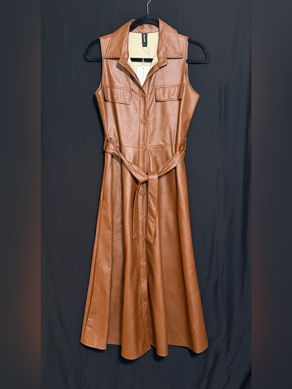 Sleeveless Brown Faux-Leather Midi Shirt Dress with Waist Tie Pockets Button up